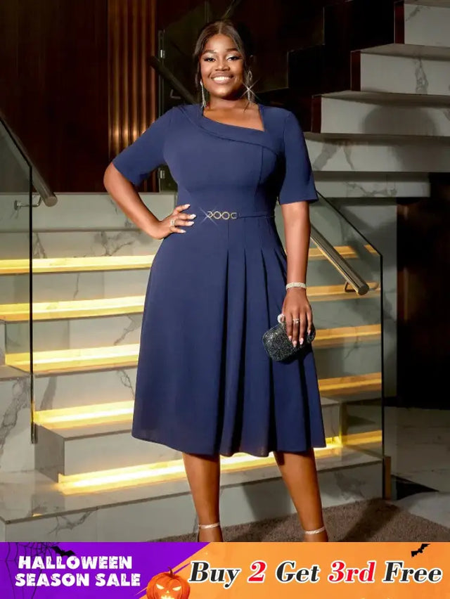 AOMEIDRESS A Line Dress Navy Asymmetrical Neck Short Sleeve Pleated Navy / S