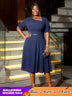 AOMEIDRESS A Line Dress Navy Asymmetrical Neck Short Sleeve Pleated Navy / S