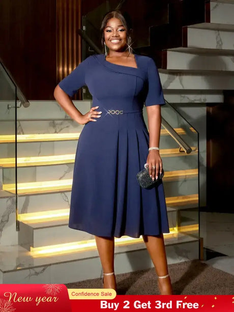 AOMEIDRESS A Line Dress Navy Asymmetrical Neck Short Sleeve Pleated Navy / S