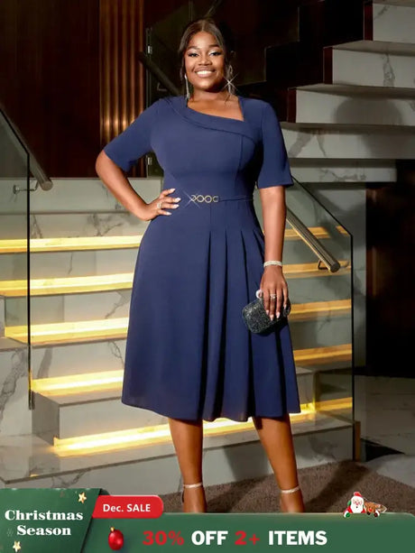 AOMEIDRESS A Line Dress Navy Asymmetrical Neck Short Sleeve Pleated Navy / S