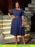 AOMEIDRESS A Line Dress Navy Asymmetrical Neck Short Sleeve Pleated Navy / S