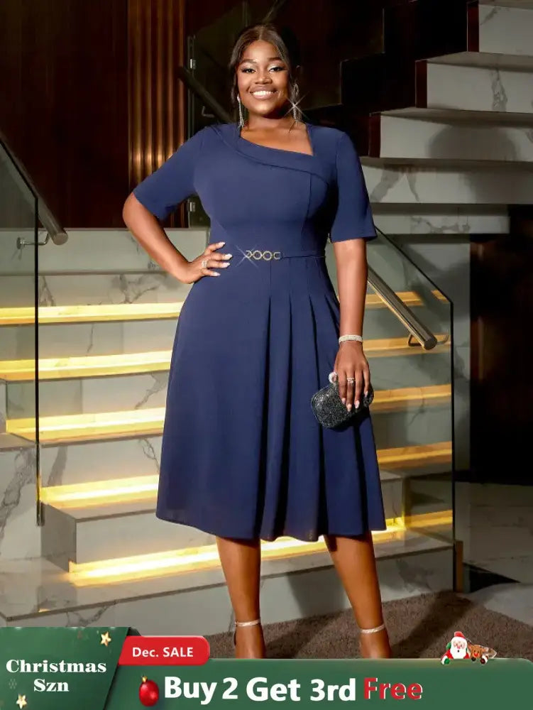 AOMEIDRESS A Line Dress Navy Asymmetrical Neck Short Sleeve Pleated Navy / S