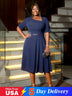 AOMEIDRESS A Line Dress Navy Asymmetrical Neck Short Sleeve Pleated Navy / S