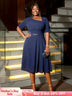 AOMEIDRESS A Line Dress Navy Asymmetrical Neck Short Sleeve Pleated Navy / S