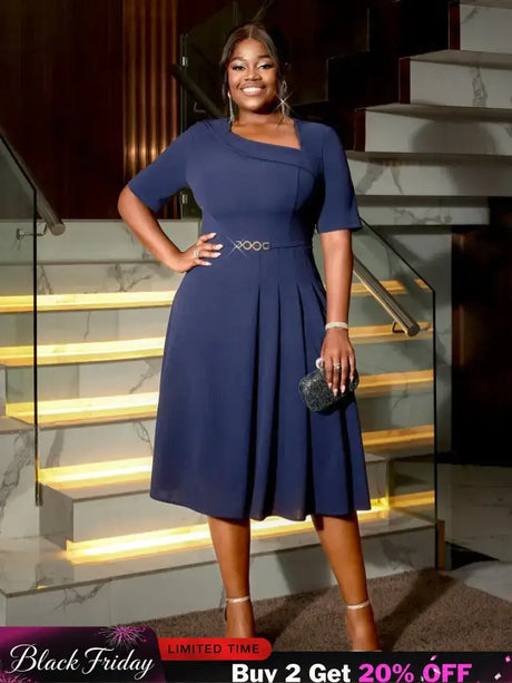 AOMEIDRESS A Line Dress Navy Asymmetrical Neck Short Sleeve Pleated Navy / S