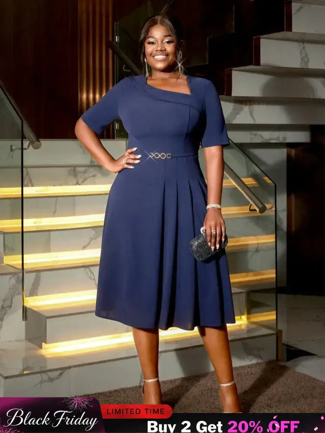 AOMEIDRESS A Line Dress Navy Asymmetrical Neck Short Sleeve Pleated Navy / S
