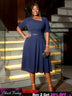 AOMEIDRESS A Line Dress Navy Asymmetrical Neck Short Sleeve Pleated Navy / S