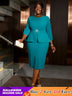 AOMEIDRESS O Neck 3/4 Sleeve Dress High Waist Peplum Bodycon Midi Green / S