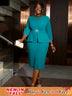 AOMEIDRESS O Neck 3/4 Sleeve Dress High Waist Peplum Bodycon Midi Green / S