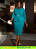 AOMEIDRESS O Neck 3/4 Sleeve Dress High Waist Peplum Bodycon Midi Green / S
