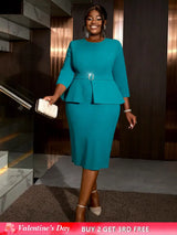 AOMEIDRESS O Neck 3/4 Sleeve Dress High Waist Peplum Bodycon Midi Green / S