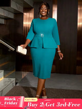 AOMEIDRESS O Neck 3/4 Sleeve Dress High Waist Peplum Bodycon Midi Green / S