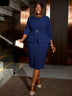 AOMEIDRESS O Neck 3/4 Sleeve Dress High Waist Peplum Bodycon Midi Navy / S