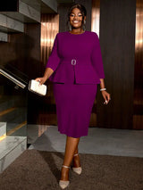 AOMEIDRESS O Neck 3/4 Sleeve Dress High Waist Peplum Bodycon Midi Purple / S