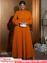 AOMEIDRESS O Neck Cut Out Chest Elegant Lantern Sleeve Pleated Dress Brown / S