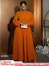 AOMEIDRESS O Neck Cut Out Chest Elegant Lantern Sleeve Pleated Dress Brown / S