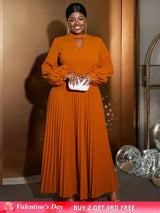 AOMEIDRESS O Neck Cut Out Chest Elegant Lantern Sleeve Pleated Dress Brown / S