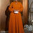 AOMEIDRESS O Neck Cut Out Chest Elegant Lantern Sleeve Pleated Dress Brown / S