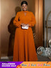 AOMEIDRESS O Neck Cut Out Chest Elegant Lantern Sleeve Pleated Dress Brown / S