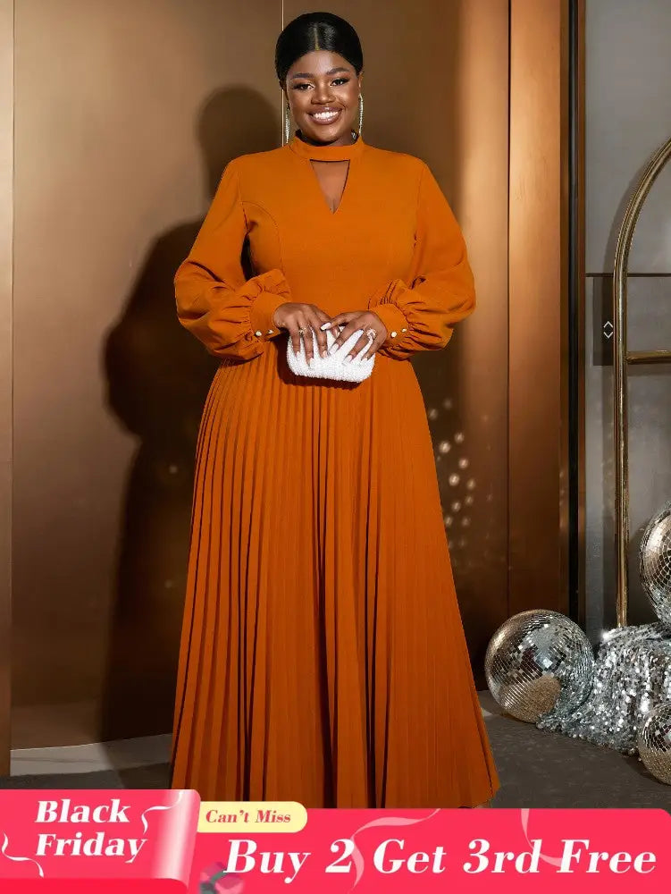 AOMEIDRESS O Neck Cut Out Chest Elegant Lantern Sleeve Pleated Dress Brown / S