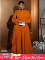 AOMEIDRESS O Neck Cut Out Chest Elegant Lantern Sleeve Pleated Dress Brown / S