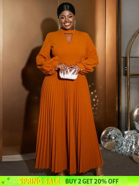 AOMEIDRESS O Neck Cut Out Chest Elegant Lantern Sleeve Pleated Dress Brown / S