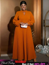 AOMEIDRESS O Neck Cut Out Chest Elegant Lantern Sleeve Pleated Dress Brown / S