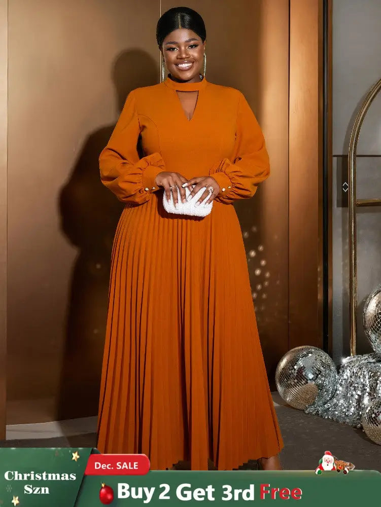 AOMEIDRESS O Neck Cut Out Chest Elegant Lantern Sleeve Pleated Dress Brown / S