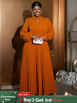 AOMEIDRESS O Neck Cut Out Chest Elegant Lantern Sleeve Pleated Dress Brown / S