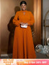 AOMEIDRESS O Neck Cut Out Chest Elegant Lantern Sleeve Pleated Dress Brown / S