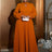 AOMEIDRESS O Neck Cut Out Chest Elegant Lantern Sleeve Pleated Dress Brown / S