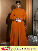 AOMEIDRESS O Neck Cut Out Chest Elegant Lantern Sleeve Pleated Dress Brown / S