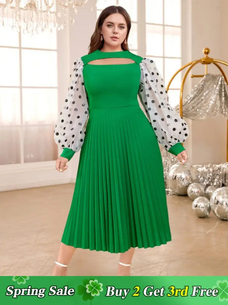 Polka Dots Print mesh patchwork lantern sleeve dresses for women