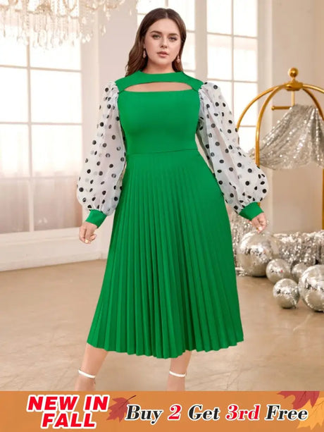 Polka Dots Print mesh patchwork lantern sleeve dresses for women