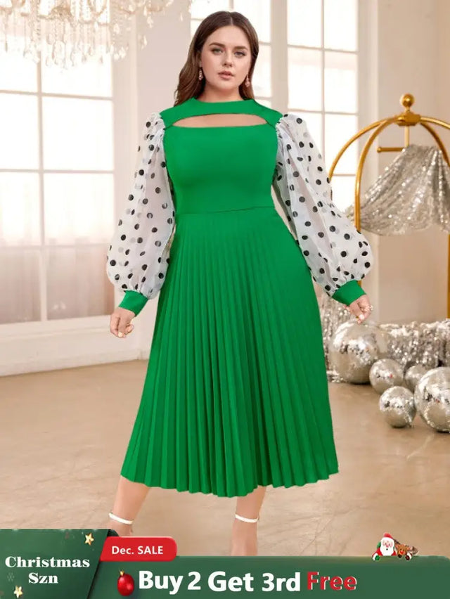 Polka Dots Print mesh patchwork lantern sleeve dresses for women