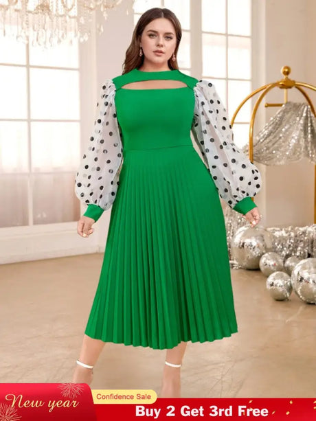 Polka Dots Print mesh patchwork lantern sleeve dresses for women