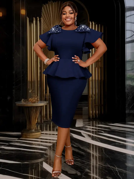 AOMEIDRESS O Neck Dress Bowtie Beading Short Sleeves Peplum Bodycon Navy / S