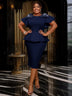 AOMEIDRESS O Neck Dress Bowtie Beading Short Sleeves Peplum Bodycon Navy / S