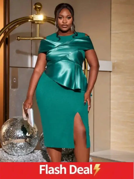 AOMEIDRESS O Neck Dress Cold Shoulder Short Sleeves Patchwork Peplum Green / S