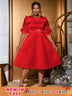 AOMEIDRESS O Neck Dress Mesh Patchwork Half Sleeves Appliques A Line Red / S