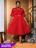 AOMEIDRESS O Neck Dress Mesh Patchwork Half Sleeves Appliques A Line Red / S