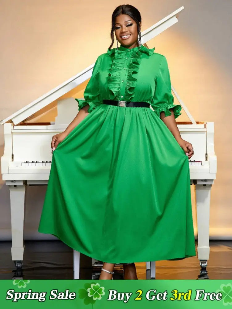 green ruffles a line dresses for women