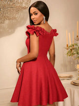 AOMEIDRESS Off Shoulder A Line Dress Puff Sleeve 3D Ruffles for Party