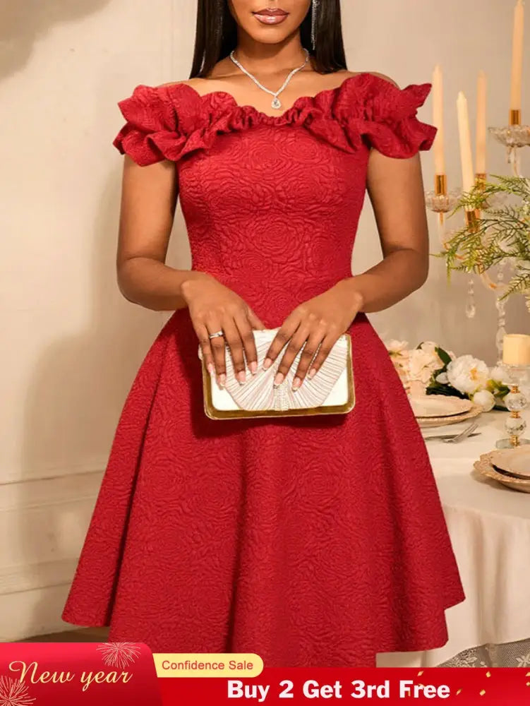 AOMEIDRESS Off Shoulder A Line Dress Puff Sleeve 3D Ruffles for Party