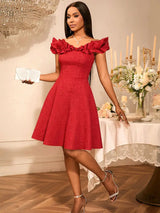 AOMEIDRESS Off Shoulder A Line Dress Puff Sleeve 3D Ruffles for Party