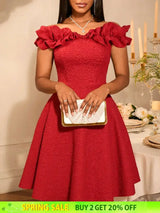 AOMEIDRESS Off Shoulder A Line Dress Puff Sleeve 3D Ruffles for Party