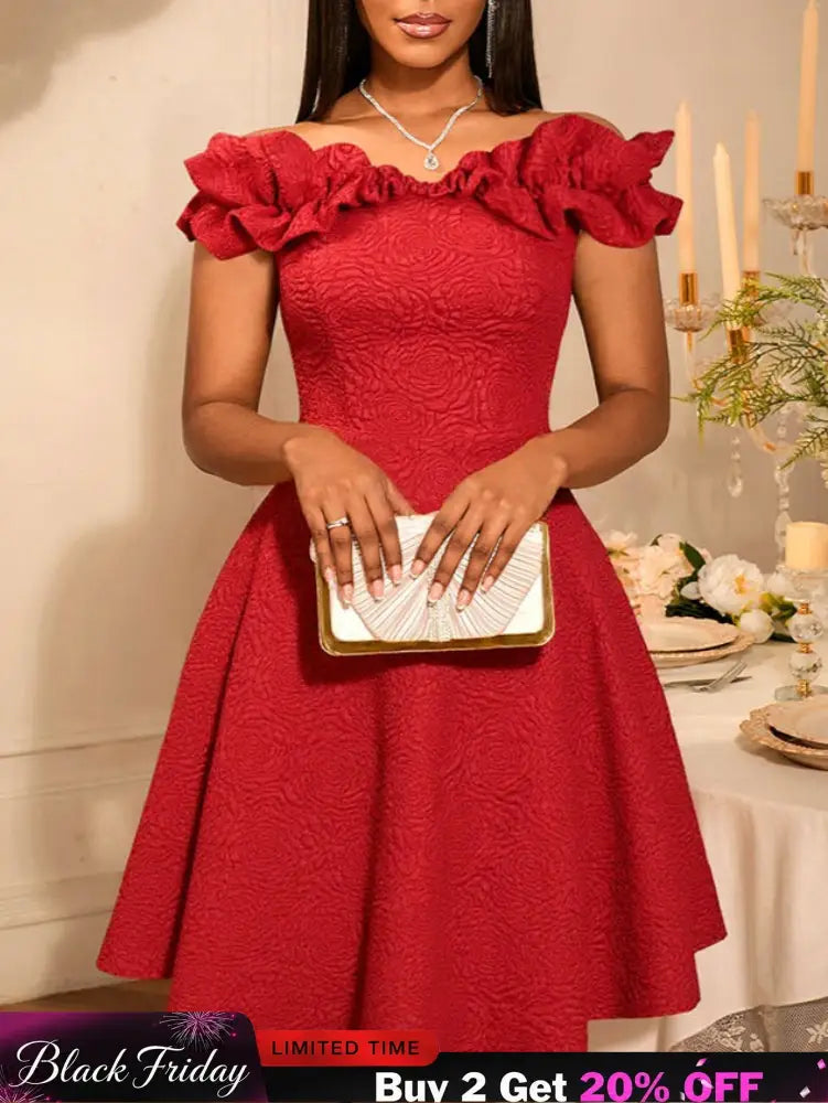 AOMEIDRESS Off Shoulder A Line Dress Puff Sleeve 3D Ruffles for Party