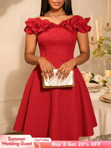 AOMEIDRESS Off Shoulder A Line Dress Puff Sleeve 3D Ruffles for Party