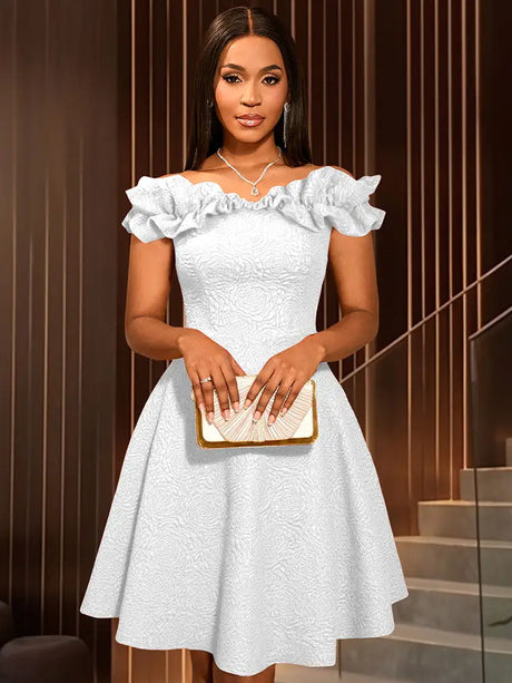 AOMEIDRESS Off Shoulder A Line Dress Puff Sleeve 3D Ruffles for Party White / S