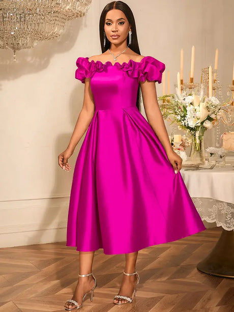 AOMEIDRESS Off Shoulder A Line Dresses Slash Neck Folds Party Gowns